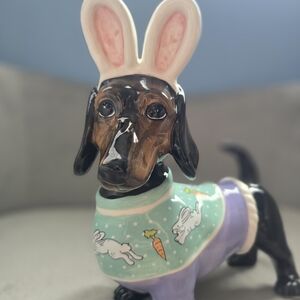 Whimsical Dachshund Figurine with Bunny Ears - Black and Purple